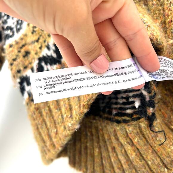 Zara Fair Isle Mustard Yellow Turtleneck Sparkle Holiday Sweater Small Wool - Picture 8 of 8